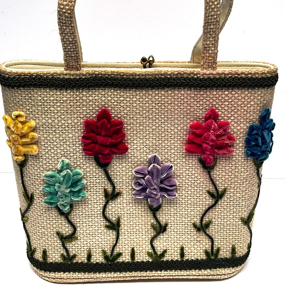 Vintage JR FLORIDA 1950's Burlap Velvet Rosette Applied Flowers Handbag Purse